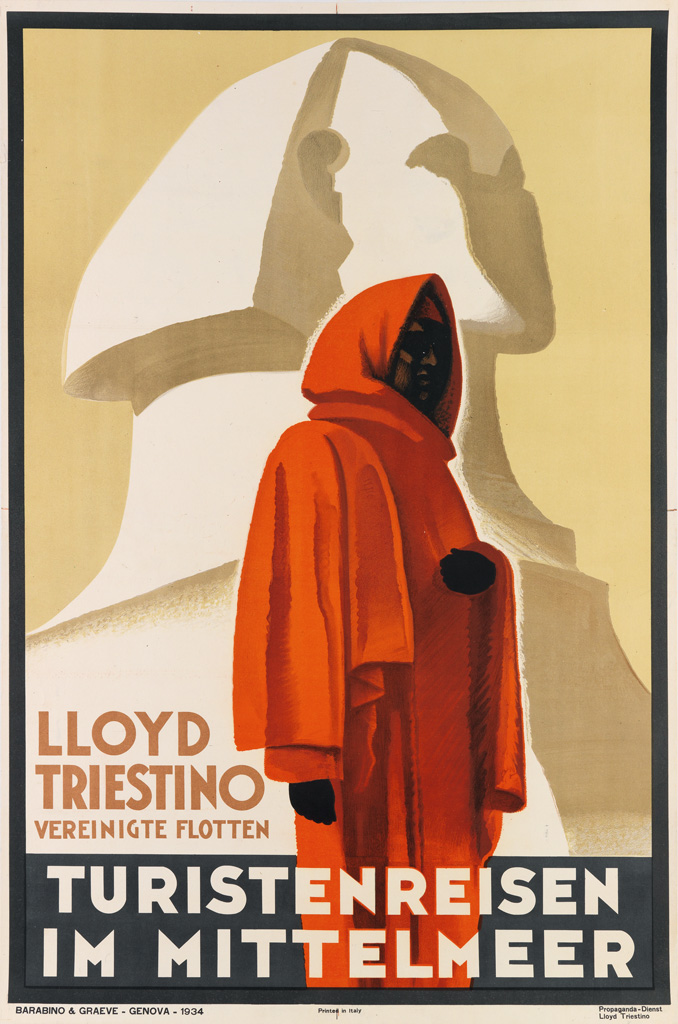 DESIGNER UNKNOWN. LLOYD TRIESTINO / TURISTENREISEN IM MITTELMEER. 1934. 37x25 inches, 95x63 cm. Barabino & Graeve, Genova.